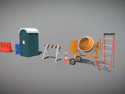 Construction Site Featuring Portable Toilet Concrete Mixer Traffic Cone Barricade And Red Ladder 3d model