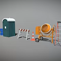 Construction Site Featuring Portable Toilet Concrete Mixer Traffic Cone Barricade And Red Ladder