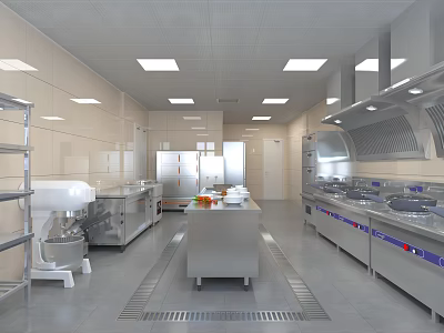 Commercial Kitchen Interior With Stainless Steel Worktables Cabinets Ventilation Hoods And Lighting 3d model
