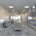 Commercial Kitchen Interior With Stainless Steel Worktables Cabinets Ventilation Hoods And Lighting