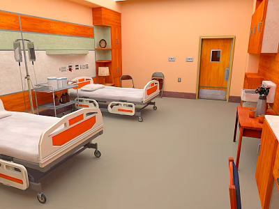 Hospital Room Interior With Two Beds Medical Equipment And Wooden Cabinets 3d model