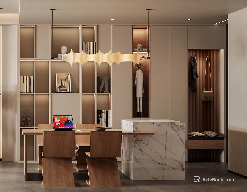 Modern Open Kitchen Dining Table Set With Wooden Chairs Marble Countertop And Chandelier 3d model 