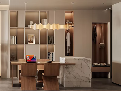 Modern Open Kitchen Dining Table Set With Wooden Chairs Marble Countertop And Chandelier 3d model