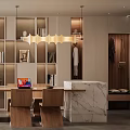 Modern Open Kitchen Dining Table Set With Wooden Chairs Marble Countertop And Chandelier