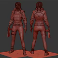 3D Female Character Front And Back View Red Hair Green Black Outfit Backpack Weapon