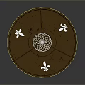 Circular Brown Decorative Disc With Intricate Center Pattern And White Symbols