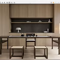 Modern Tea Table And Chairs With Wooden Cabinets Shelves Tea Utensils And Lamps