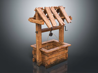 Decorative Garden Ornament Traditional Wooden Well with Rustic Roof and Bucket Frame 3d model