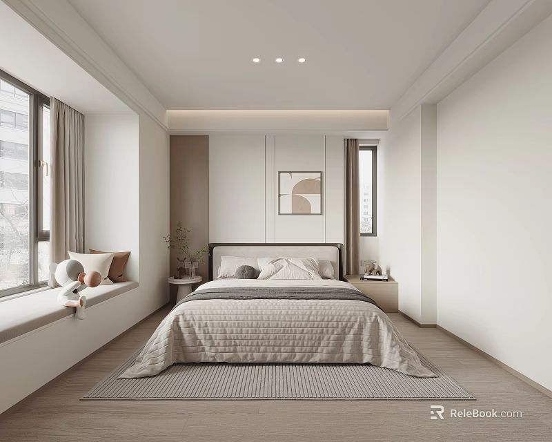 Modern Minimalist Bedroom With Large Bed Gray Bedding Wall Art Window Seat And Wooden Flooring 3d model 