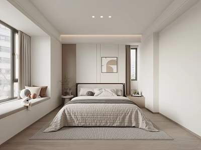 Modern Minimalist Bedroom With Large Bed Gray Bedding Wall Art Window Seat And Wooden Flooring 3d model