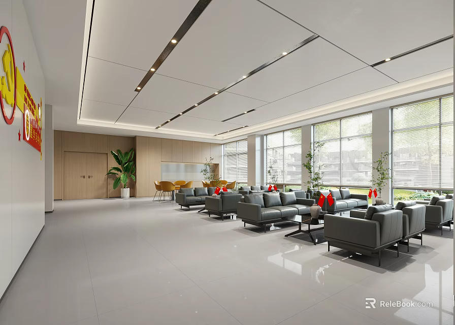 Spacious Modern Lounge Area With Grey Sofas Red Cushions Large Windows And Green Plants 3d model