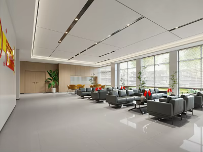 Spacious Modern Lounge Area With Grey Sofas Red Cushions Large Windows And Green Plants 3d model