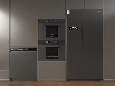 Modern Gray Kitchen With Built In Oven Dishwasher And Double Door Refrigerator 3d model
