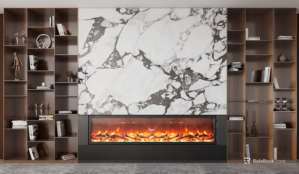 Modern TV Wall Unit with Marble Backdrop Electric Fireplace and Open Shelves Decorative Items 3d model 