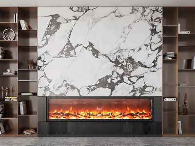 Modern TV Wall Unit with Marble Backdrop Electric Fireplace and Open Shelves Decorative Items 3d model