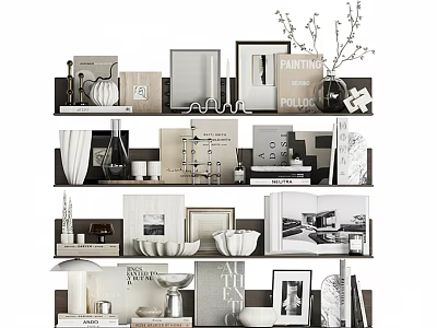 Decorative Ornament Set on Multi Tiered Shelves with Photo Frames Vases Books and Decorative Items 3d model