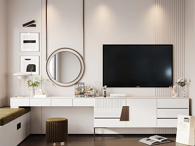 Stylish White Dressing Table With Round Mirror Drawers And Golden Stool Cosmetics On Light Wall 3d model