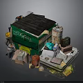 Green Garbage Dumpster With Black Roof Graffiti Various Barrels Cardboard Boxes And Junk