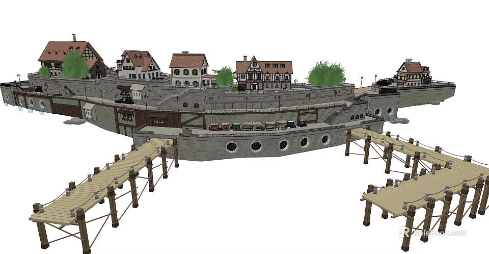 European Style Buildings With Traditional Roofs Stone Bridge And Wooden Boardwalks 3d model 