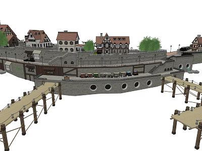 European Style Buildings With Traditional Roofs Stone Bridge And Wooden Boardwalks 3d model