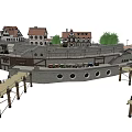 European Style Buildings With Traditional Roofs Stone Bridge And Wooden Boardwalks