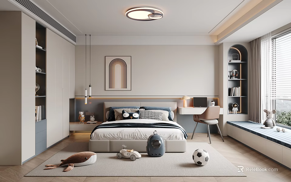 Cozy Modern Bedroom Interior With Bed Framed Artwork Ceiling Lamp Desk Bookshelves Rug And Toys 3d model 