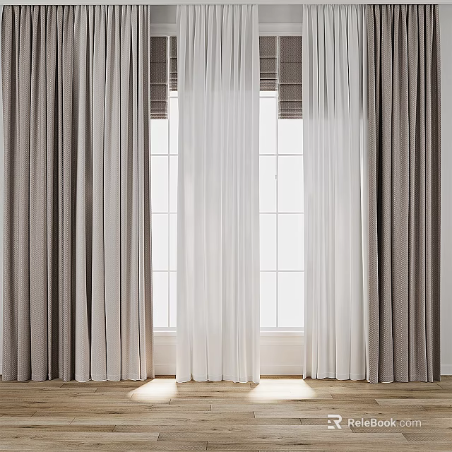 Gray and White Window Curtains Adding Soft Elegance to Bright Home Room Decor 3d model 