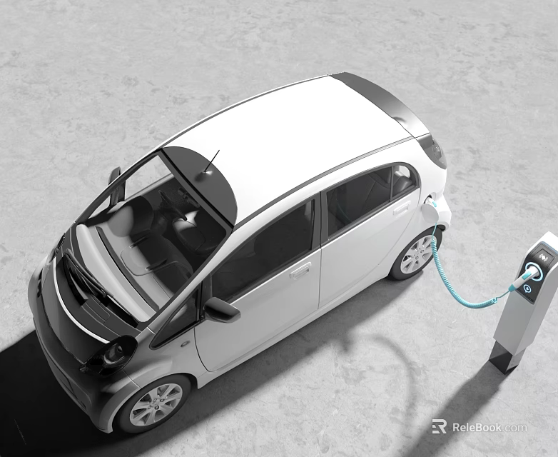 Modern White Electric Car Being Charged with Cable at Charging Station 3d model 