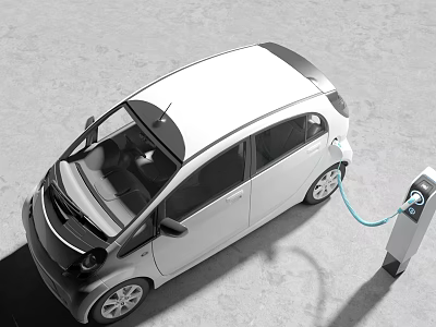 Modern White Electric Car Being Charged with Cable at Charging Station 3d model