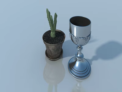 Modern Pet Cabinet With Cactus In Brown Pot And Silver Goblet 3d model