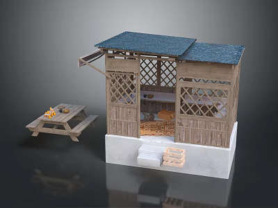 Wooden Cabin With Blue Roof Lattice Windows Picnic Table Steps And Interior With Hay 3d model