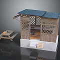 Wooden Cabin With Blue Roof Lattice Windows Picnic Table Steps And Interior With Hay