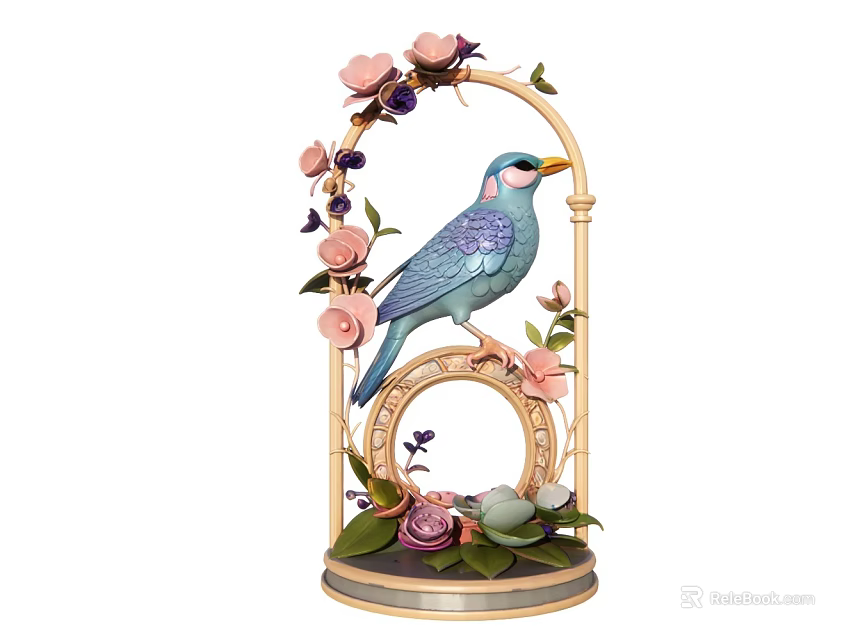 Decorative Ornament Set With Blue Bird Pink Flowers Golden Arch Green Leaves And Base 3d model 