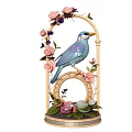 Decorative Ornament Set With Blue Bird Pink Flowers Golden Arch Green Leaves And Base