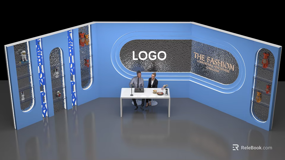 Public Office Space With Blue Curved Design White Table Two People And Fashion Show Elements 3d model 