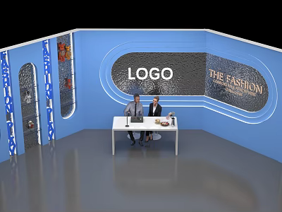 Public Office Space With Blue Curved Design White Table Two People And Fashion Show Elements 3d model