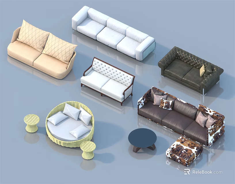 Diverse Sofa Set Collection With Various Styles Colors And Matching Coffee Tables 3d model