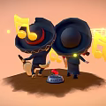 Happy Cartoon Girl and Dog in Sombreros Playing Harp Guitar with Music Notes and Rose