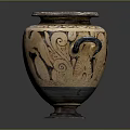 Brown And Black Pottery Vase With Ornate Swirl Patterns And Curved Handle