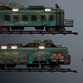 Vintage Green Train Car Featuring Tarpaulin Cover Wooden Crates Barrels And Overhead Lights On Tracks