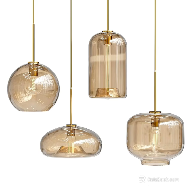 Modern Amber Glass Pendant Lights with Golden Hardware in Various Shapes 3d model 