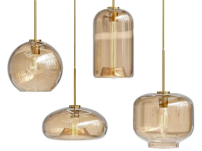 Modern Amber Glass Pendant Lights with Golden Hardware in Various Shapes 3d model