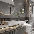 Modern Bathroom Interior With Round Mirror White Vanity Glass Shower And Gray Tiles