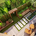 Lush Balcony Garden Design With Green Plants Wooden Chairs And Stone Pathway