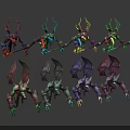 Fantasy Characters And Mythical Creatures With Horned Winged Designs And Colorful Scythe Weapons