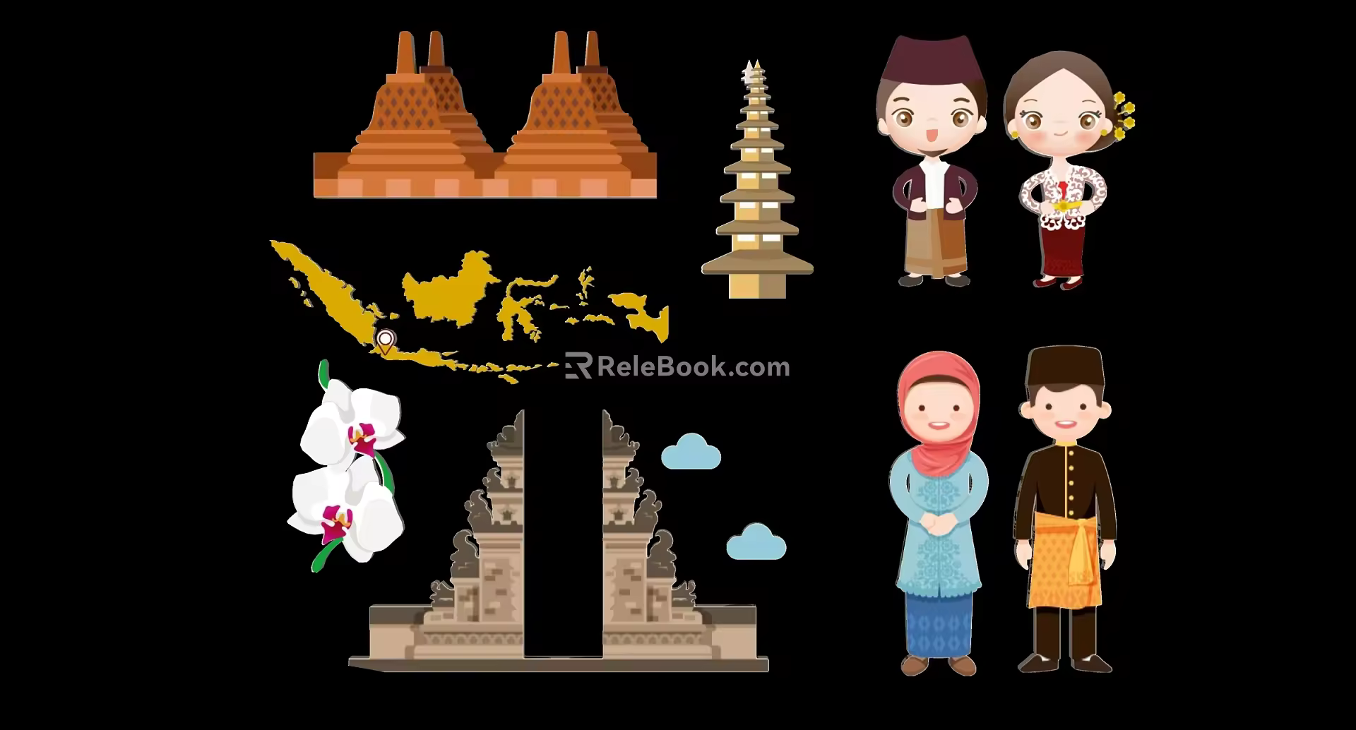 Modern Indonesia Characteristic Architecture Gourmet Characters Tourism Elements Silhouette 3d model
