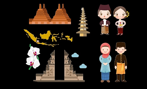 Modern Indonesia Characteristic Architecture Gourmet Characters Tourism Elements Silhouette 3d model