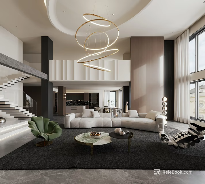 Modern Living and Dining Room With Spiral Chandelier White Sofa Green Armchair Round Coffee Table 3d model 