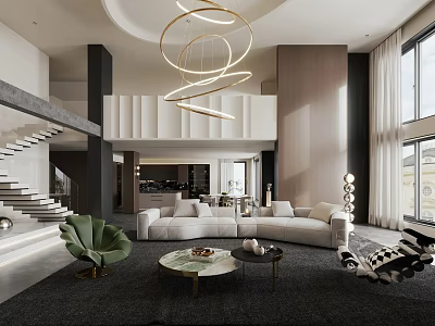 Modern Living and Dining Room With Spiral Chandelier White Sofa Green Armchair Round Coffee Table 3d model