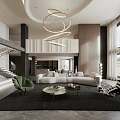 Modern Living and Dining Room With Spiral Chandelier White Sofa Green Armchair Round Coffee Table